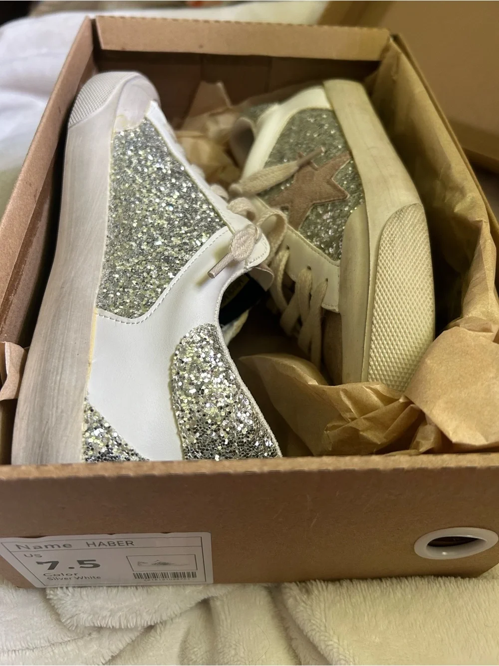 White Sneakers with Silver Glitter Panel and Beige Star Accent